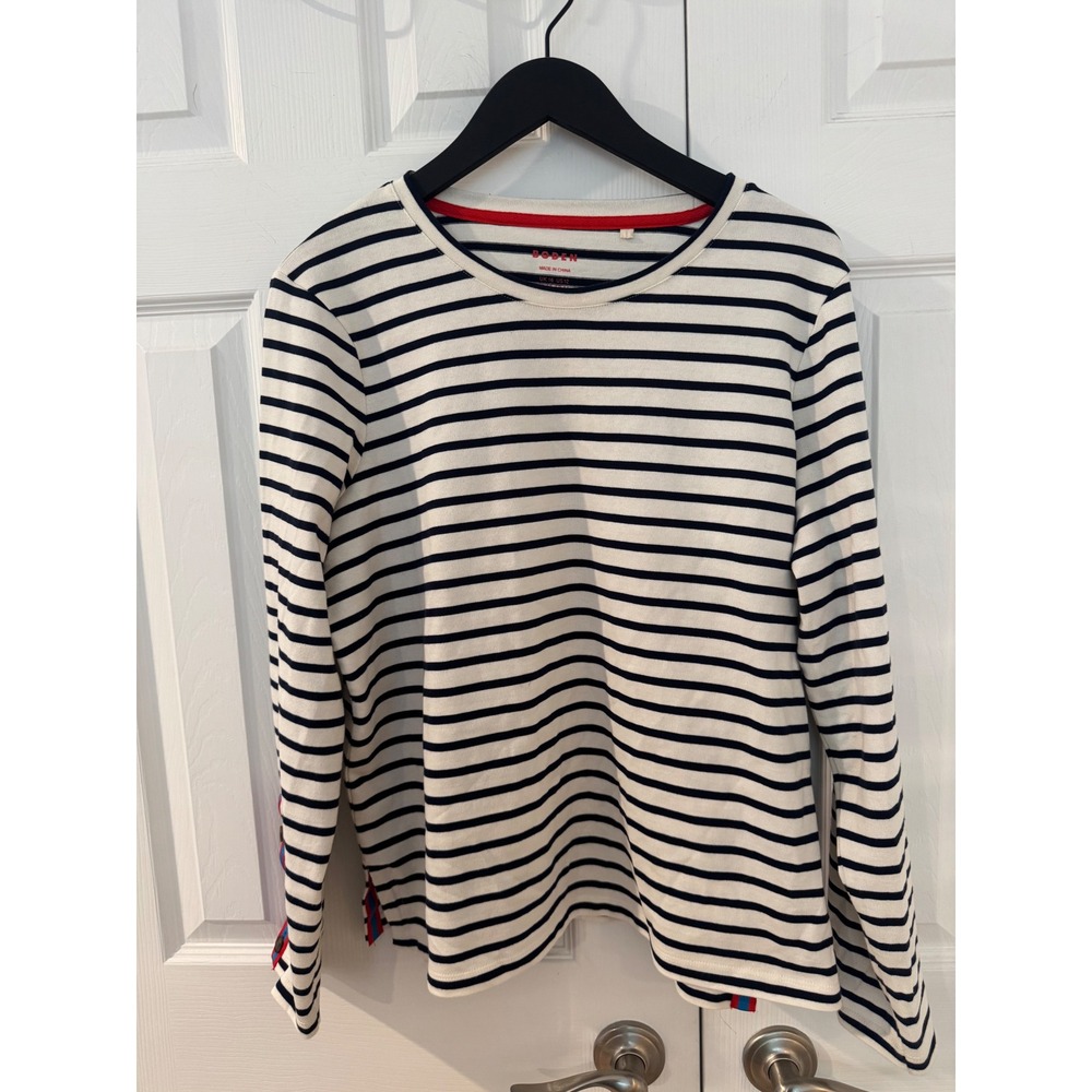 Boden Womens Navy White Nautical Striped Breton Top Button Cuff Cotton US 12